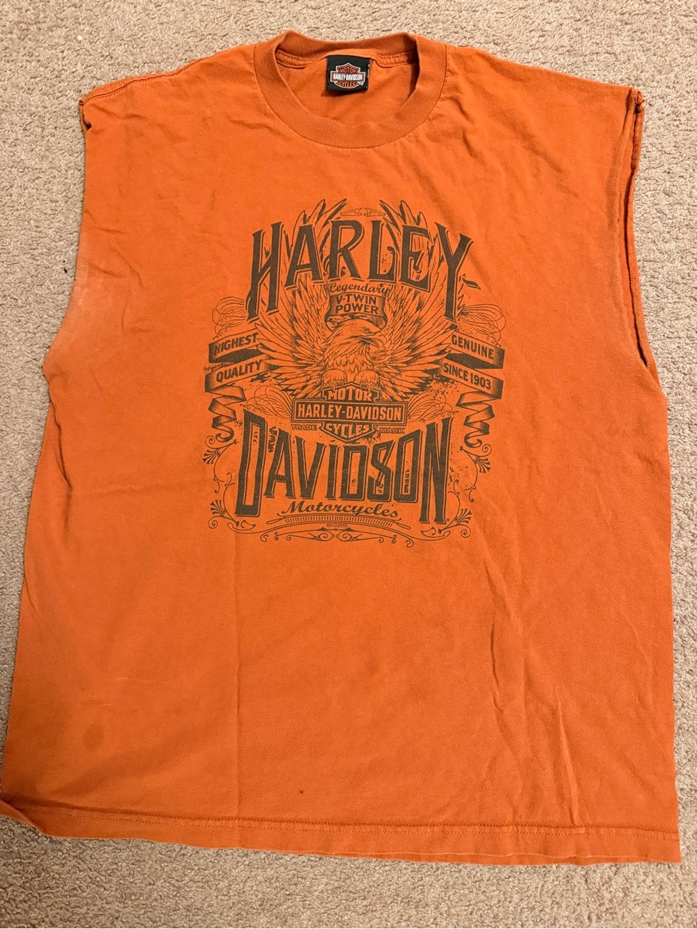 Harley-Davidson Orange Sleeveless Graphic Tank with Black Print